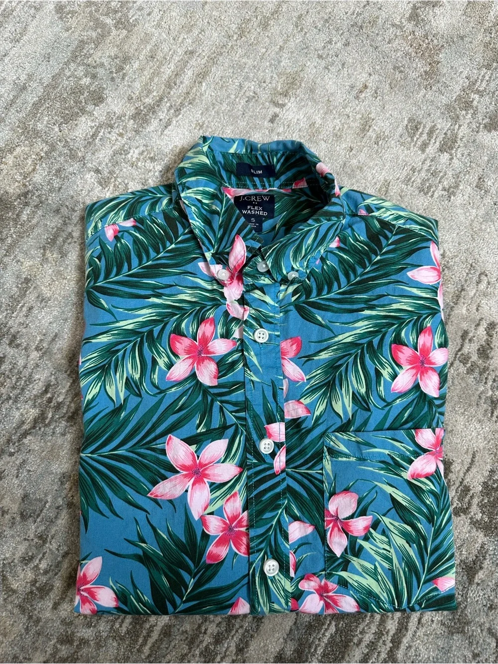 J. Crew Teal Blue Tropical Floral Short-Sleeve Button-Down Shirt